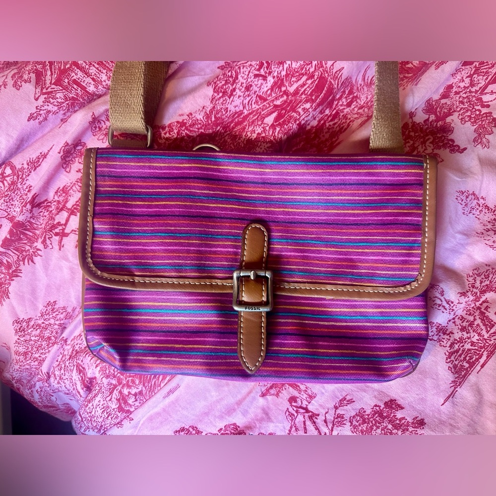 Fossil Striped Pink and Purple Crossbody Bag